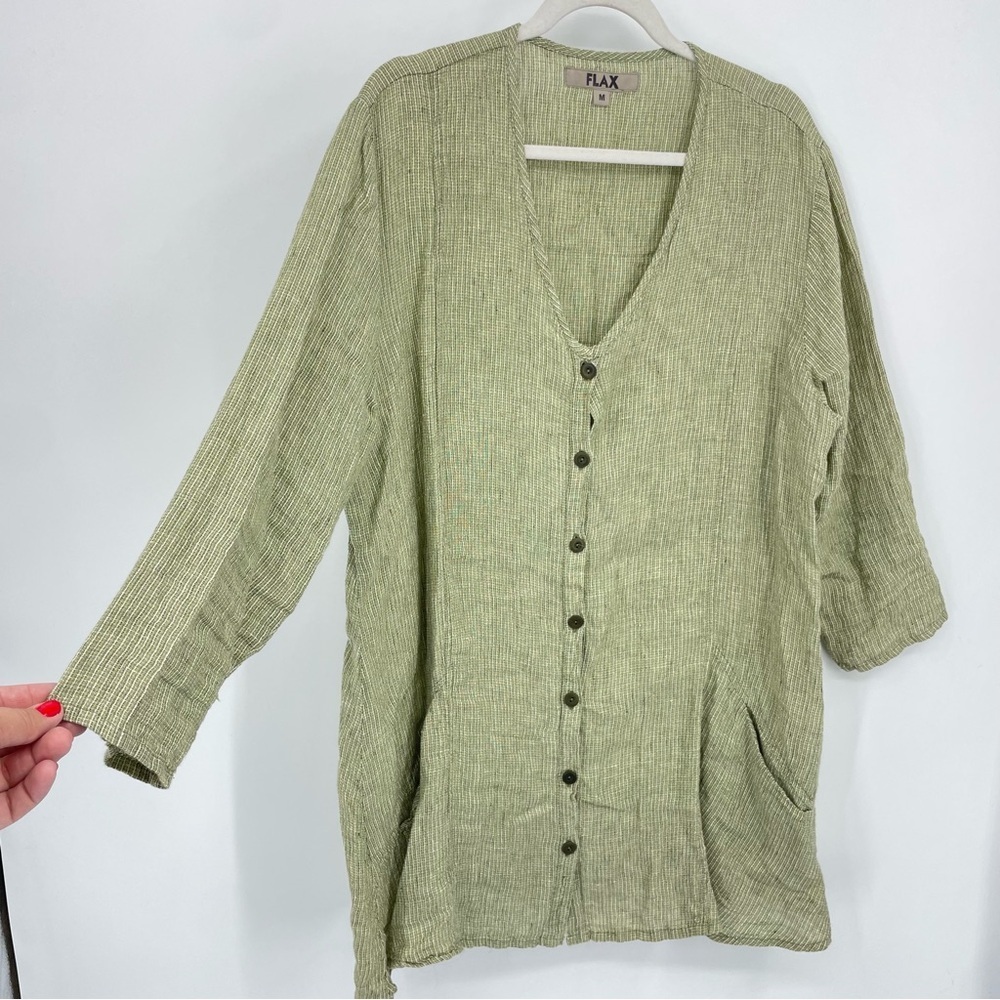 FLAX Green Linen Shirt Button Tunic plaid striped Sz M‎ 3/4 sleeve